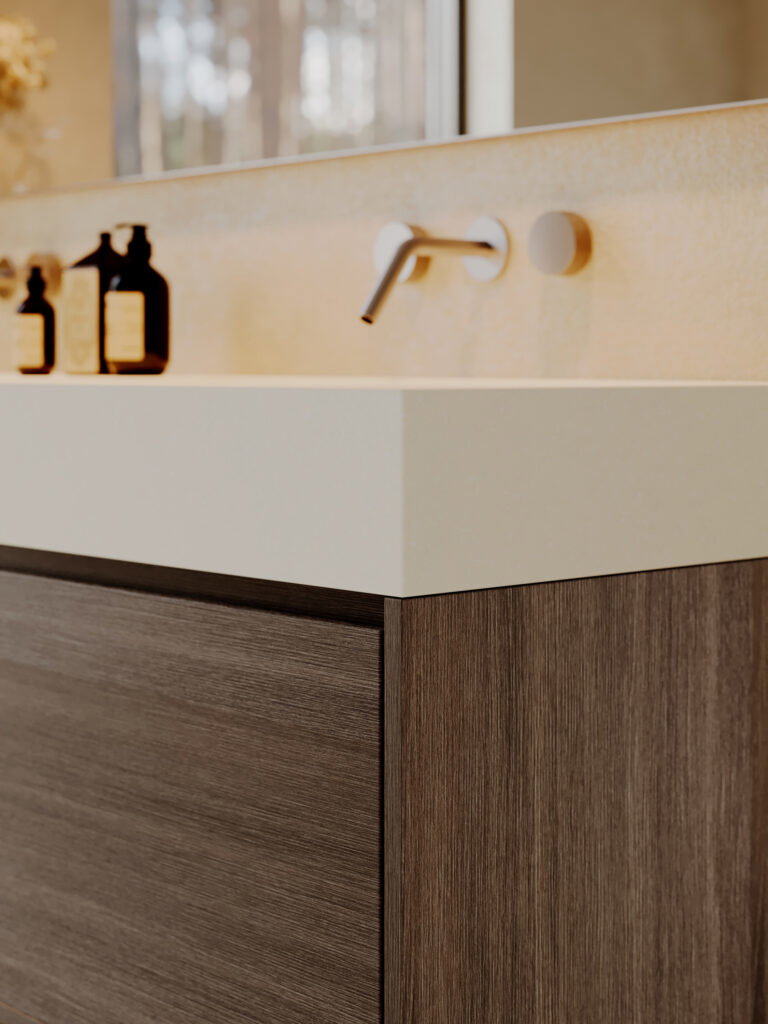 Render van een detailafbeelding van een badkamermeubel uitgewerkt in houtdecor LT10 Matrice en de wasbak in solid surface DM3034 Chill