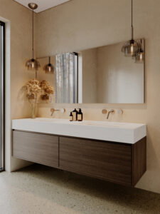 Renderafbeelding van een badkamer met het meubel uitgewerkt in houtdecor LT11 Matrice en de wasbak in solid surface DM5026 Leaden