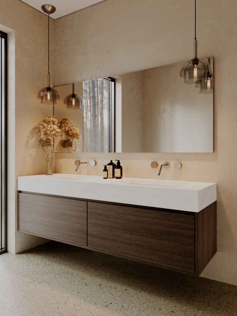 Renderafbeelding van een badkamer met het meubel uitgewerkt in houtdecor LT11 Matrice en de wasbak in solid surface DM5026 Leaden
