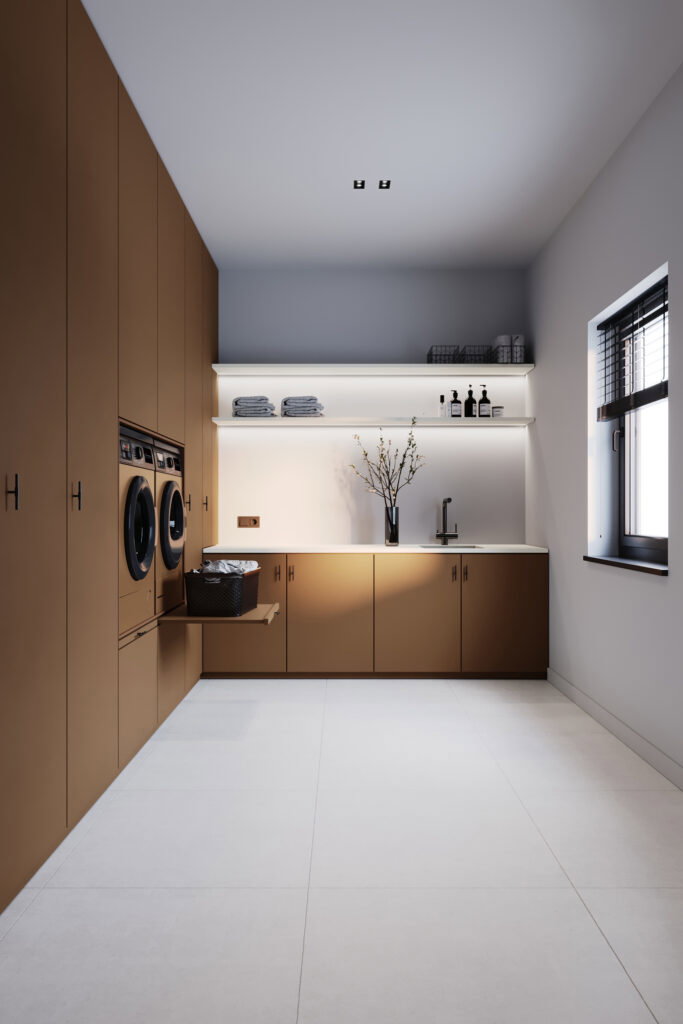 Render van een waskamer, met kast uitgevoerd in de UB73 Ovatta van Cleaf en werkblad uitgevoerd in de DM3034 Chill van Durasein.