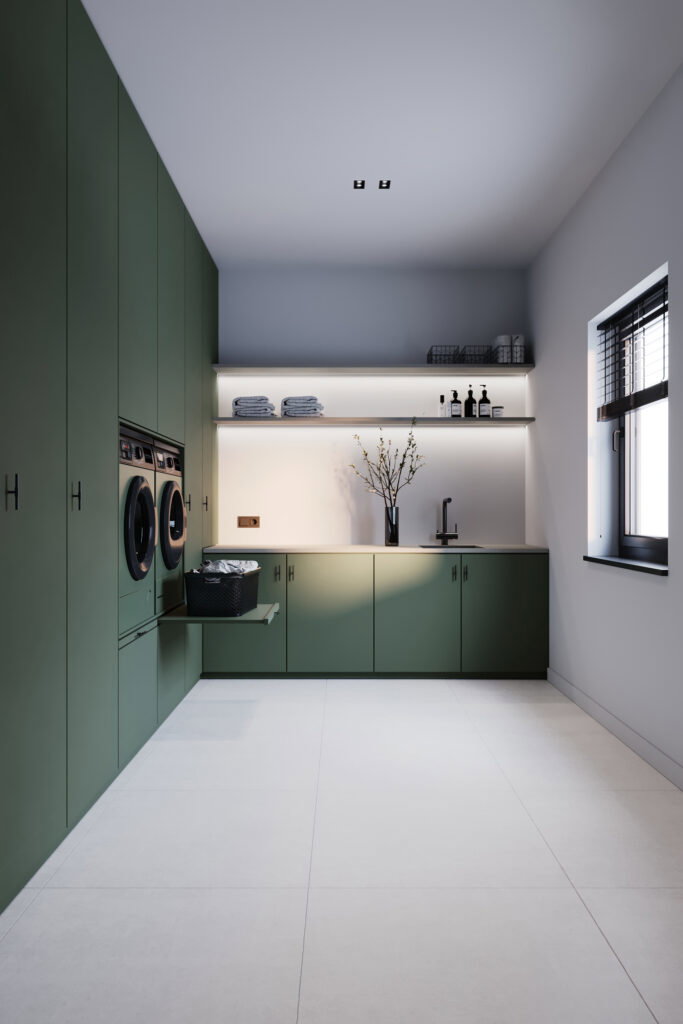 Render van een waskamer, met kast uitgevoerd in de UB75 Ovatta van Cleaf en werkblad uitgevoerd in de Dm3501 Dove van Durasein.