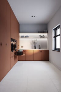 Render van een waskamer, met kast uitgevoerd in de UB76 Ovatta van Cleaf en werkblad uitgevoerd in de DM1015 Vellum van Durasein.