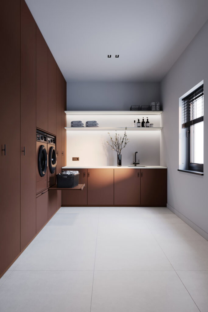 Render van een waskamer, met kast uitgevoerd in de UB78 Ovatta van Cleaf en werkblad uitgevoerd in de DM5025 Knight White van Durasein.