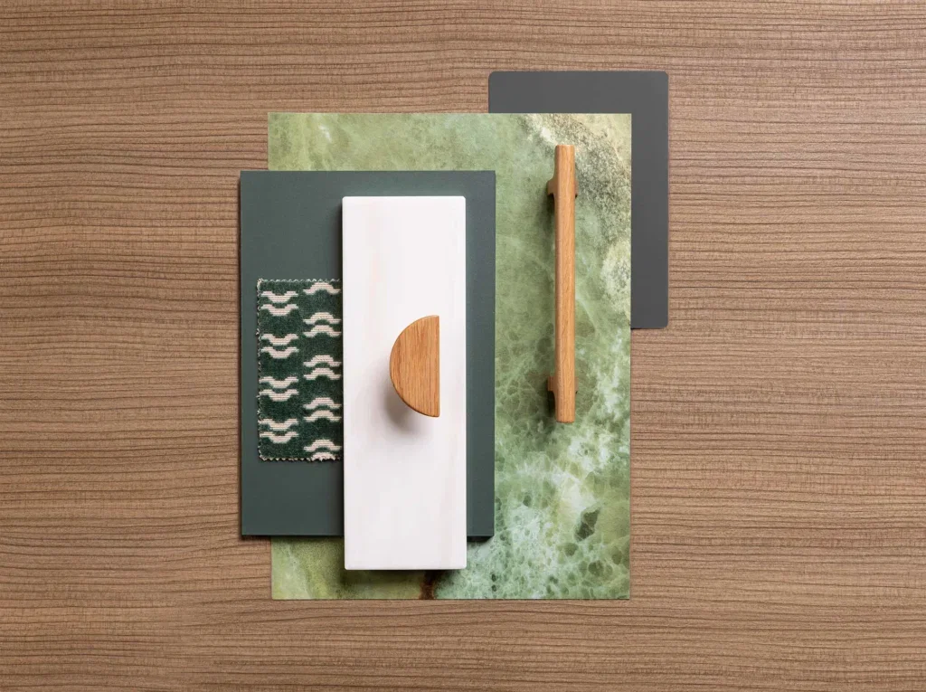 Moodboard met FD63 Alpaca, UB76 Ovatta, UB78 Ovatta, FD72 Italian Stone en DM5002 Weathered Wood