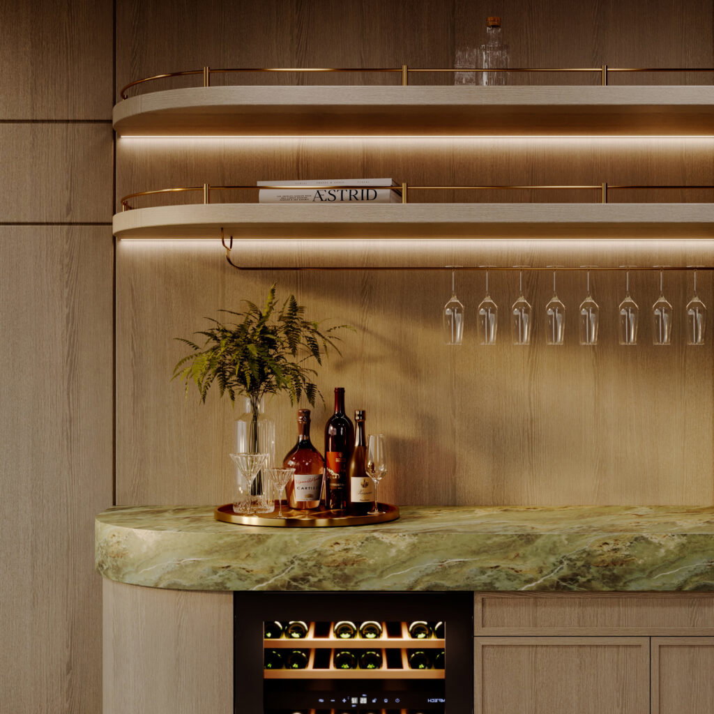 Render van een barsetting waarbij het blad is uitgevoerd in de groene FD72 ItalianStone en de kastenwand in de LR18 Sablé.