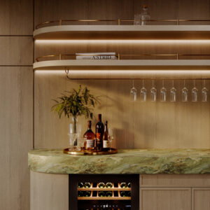 Render van een barsetting waarbij het blad is uitgevoerd in de groene FD72 ItalianStone en de kastenwand in de LR18 Sablé.