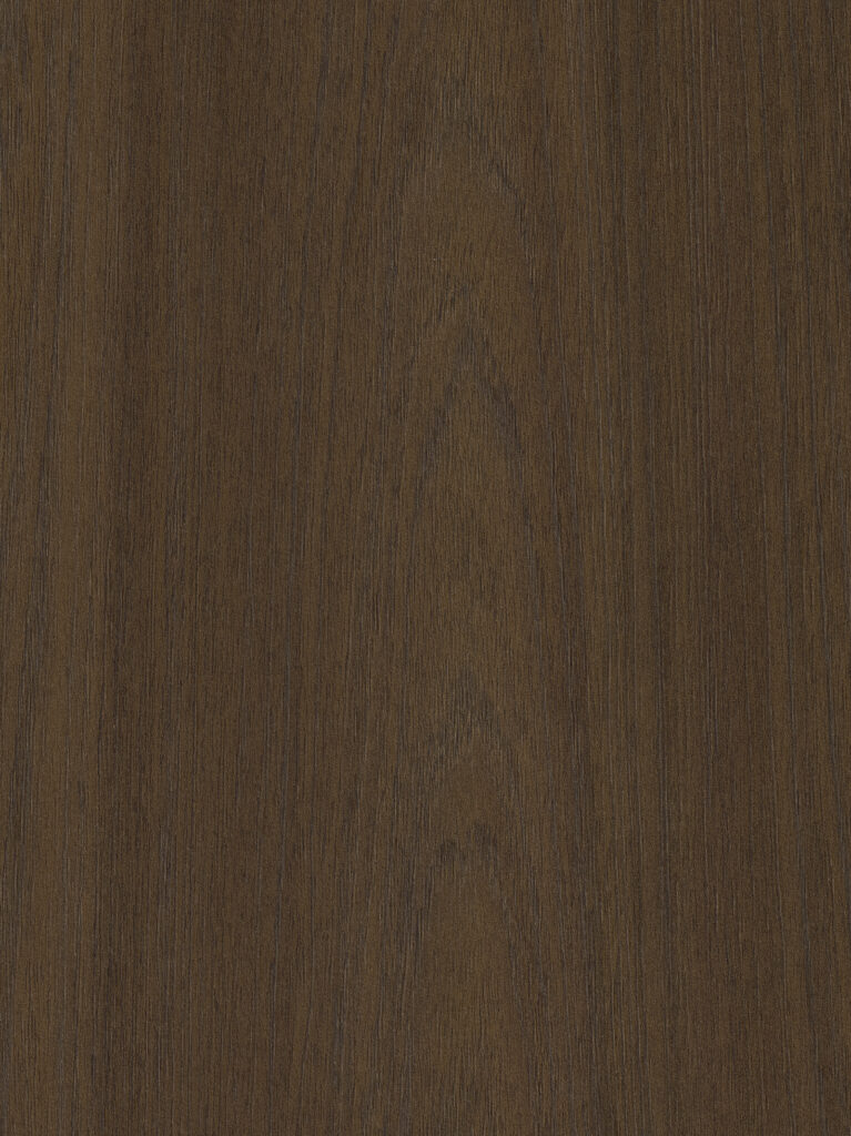 Detailafbeelding van decoratief plaatmateriaal met een karaktervolle donkerbruine houttextuur, de S225 Annara van Cleaf.