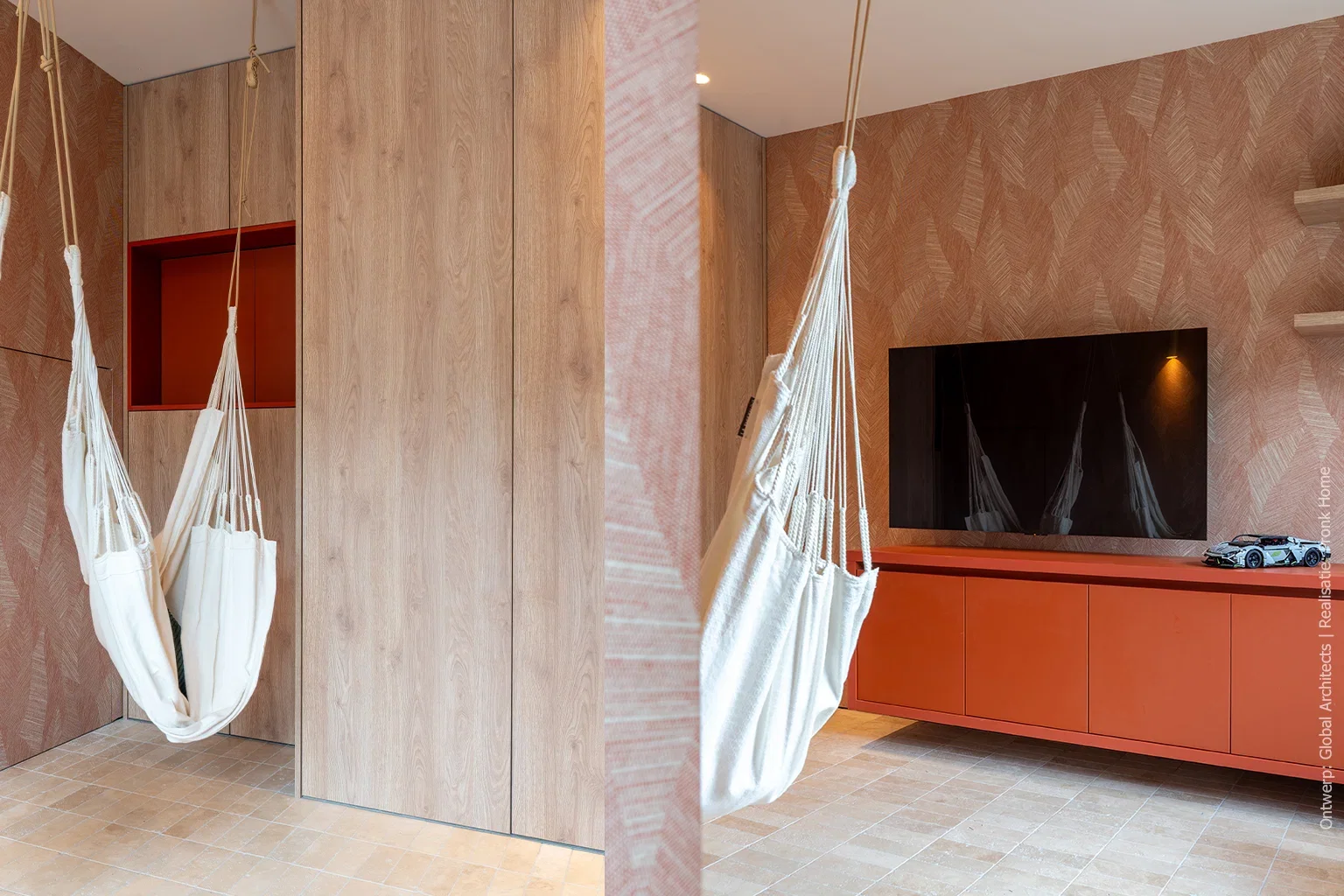 Warme terratint en natuurlijk hout in een moderne speelkamer