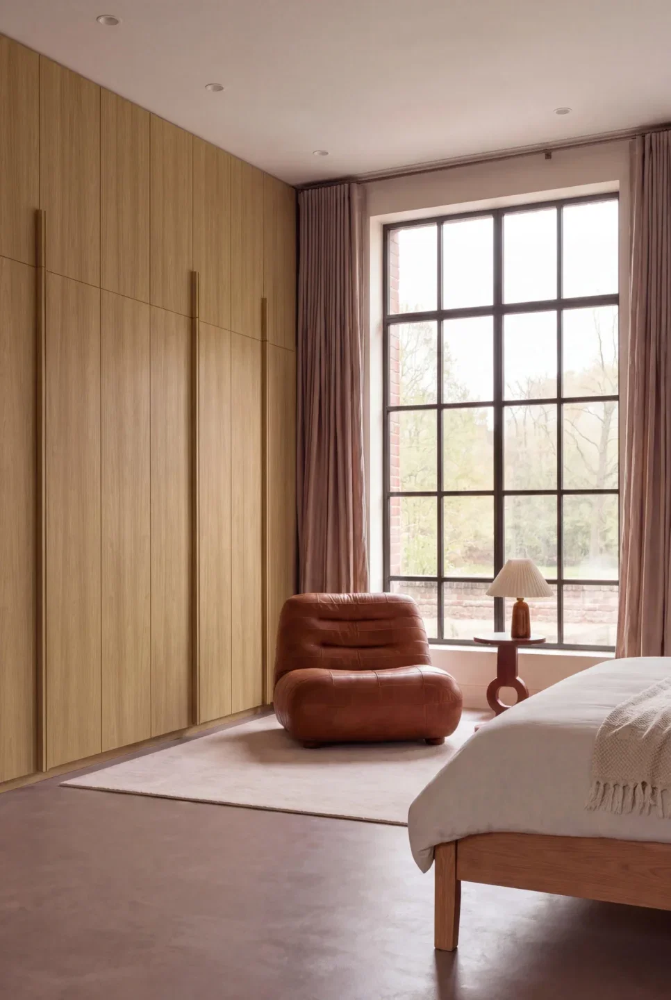 Moderne slaapkamer met kamerhoge kasten in S223 Annara houtdecor en een vrouw die een kast opent, gecombineerd met een cognackleurige fauteuil en veel natuurlijk daglicht.