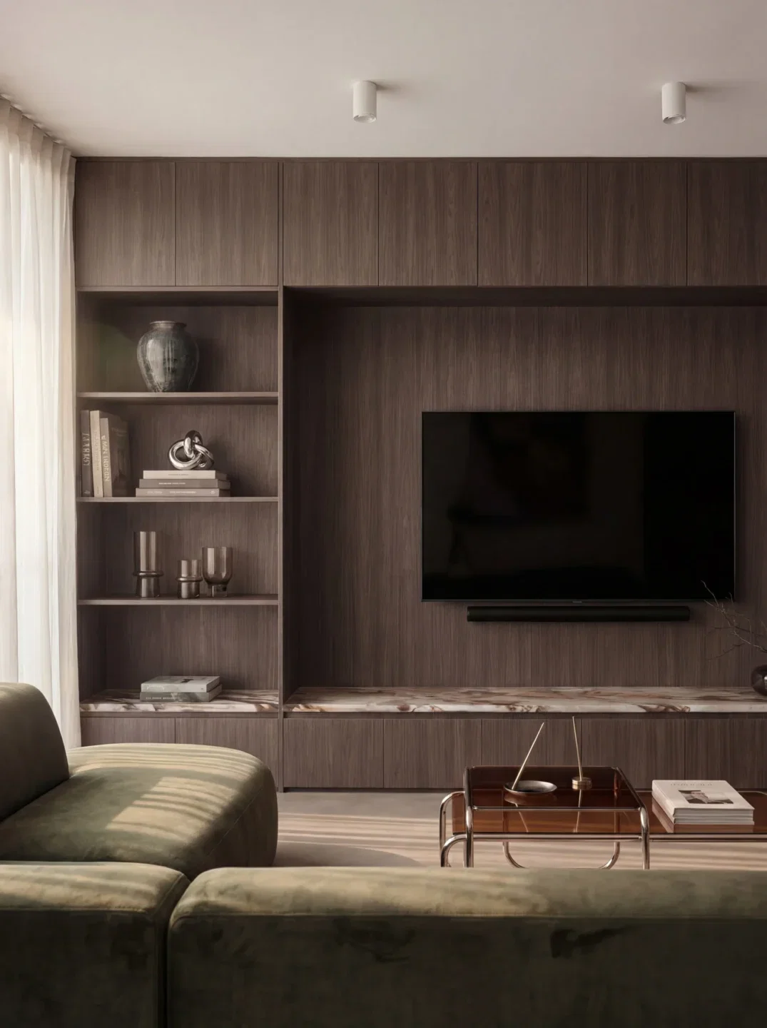 Modern tv-meubel in S226 Annara houtdecor met D045 Fiocco decor, voorzien van open vakken, geïntegreerde tv-opstelling en een minimalistische woonkamer met warme, natuurlijke lichtinval.