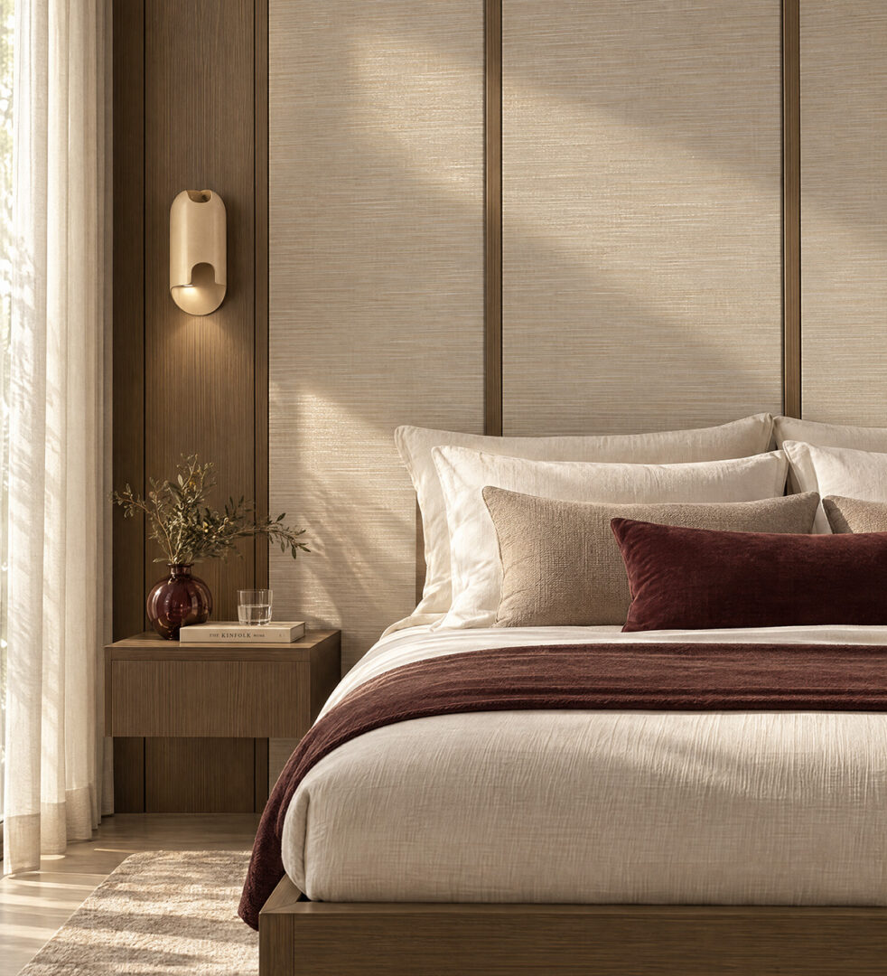 Warme slaapkamer met wandpanelen in DecoLegno FD65 Ametis, gecombineerd met donker houtdecor LT10 Matrice. De lichte textielstructuur van Ametis vormt het hoofdbord achter het bed en krijgt extra diepte door de natuurlijke lichtinval.