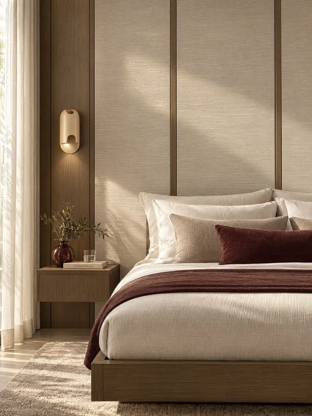 Warme slaapkamer met wandpanelen in DecoLegno FD65 Ametis, gecombineerd met donker houtdecor LT10 Matrice. De lichte textielstructuur van Ametis vormt het hoofdbord achter het bed en krijgt extra diepte door de natuurlijke lichtinval.
