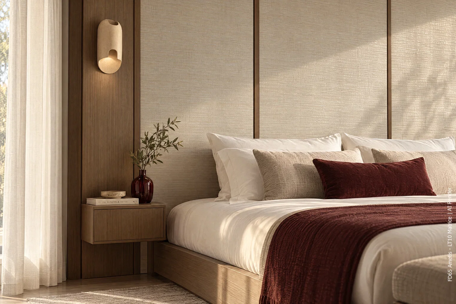 Warme slaapkamer met wandpanelen in DecoLegno FD65 Ametis, gecombineerd met donker houtdecor LT10 Matrice. De lichte textielstructuur van Ametis vormt het hoofdbord achter het bed en krijgt extra diepte door de natuurlijke lichtinval.