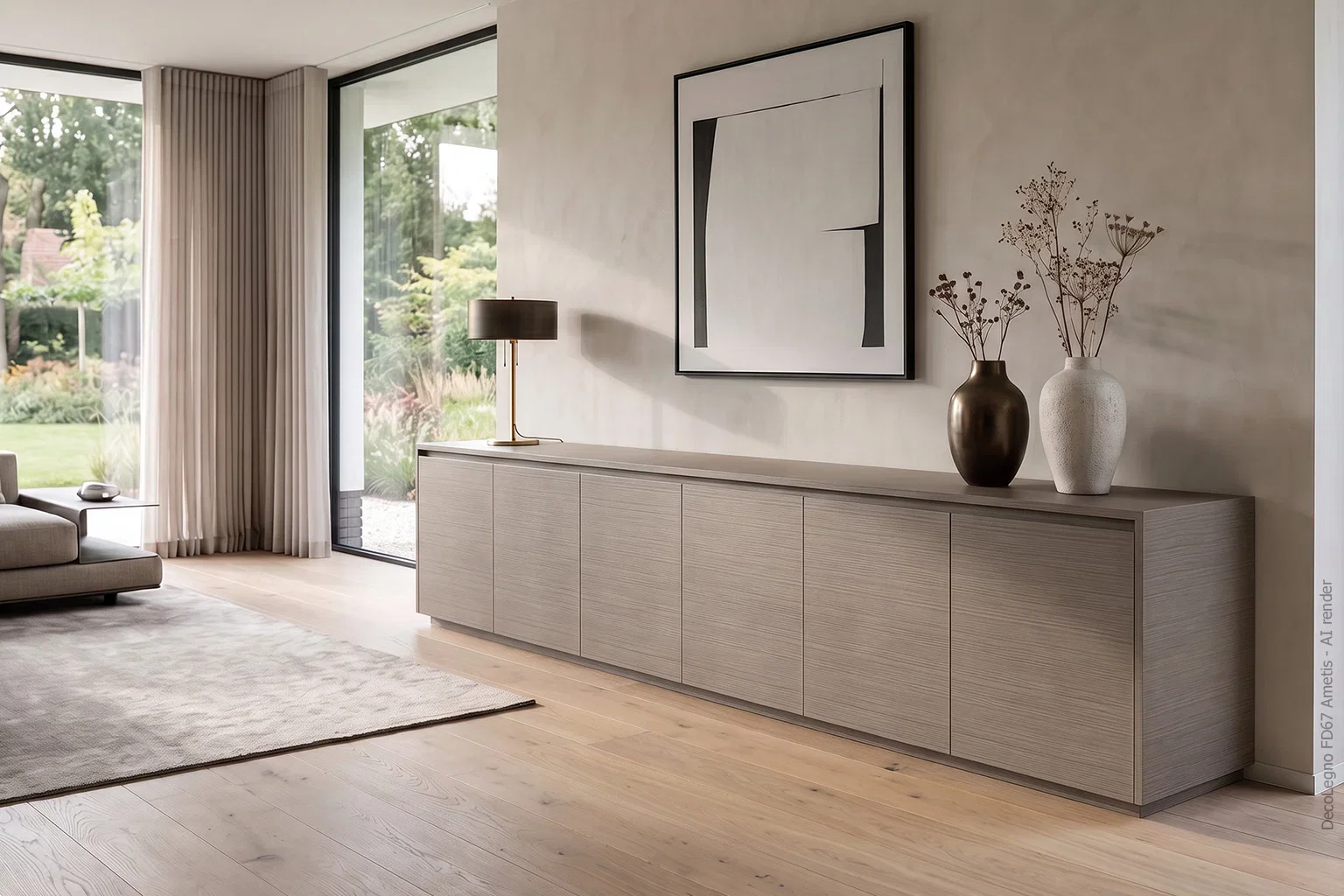 Dressoir in luxe villa uitgevoerd in de FD67 Ametis van Cleaf, een rijke textiellook dat wordt versterkt door de verfijnde, voelbare structuur en het subtiele horizontale lijnenspel. De warm grijsbruine kleurnuances en het zijdeglans effect laten licht en schaduw subtiel over het oppervlak spelen en creëren een stijlvol gevoel van diepte.